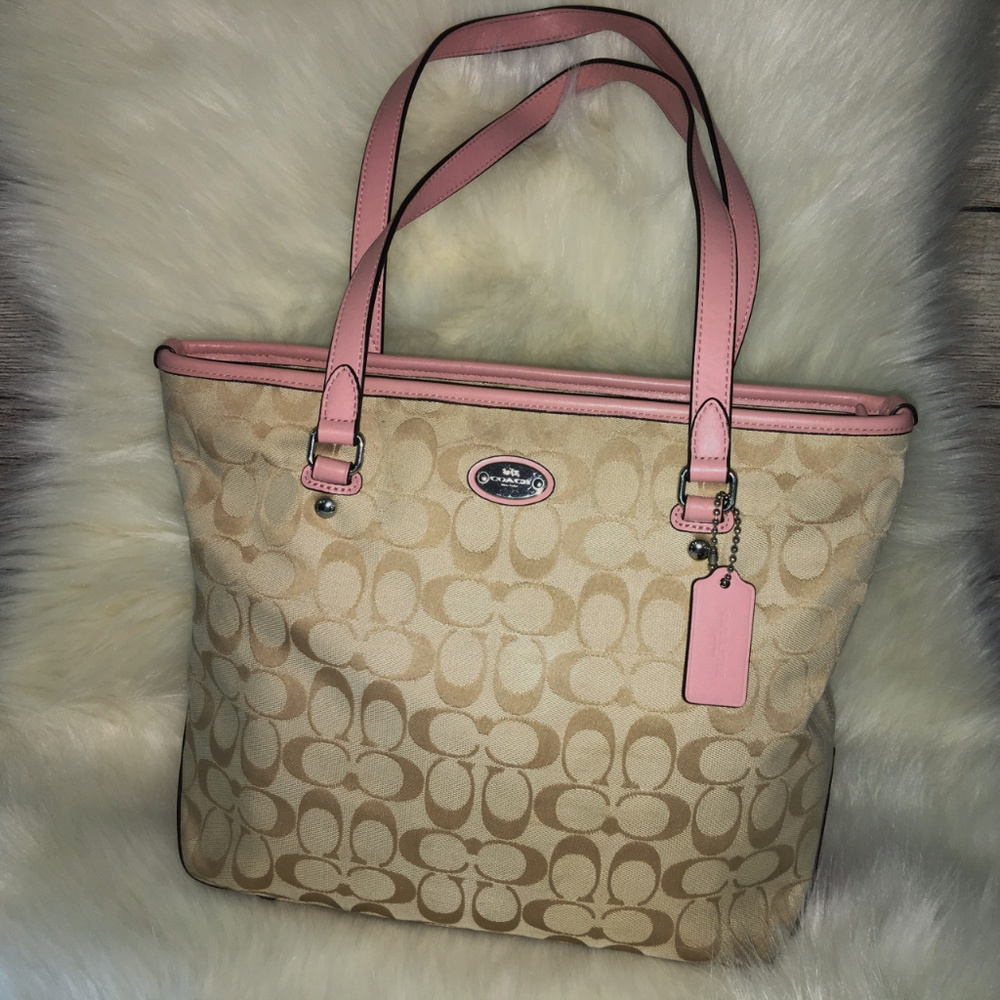 COACH Light Khaki/Pink Canvas 12CM MEDIUM ZIP TOTE